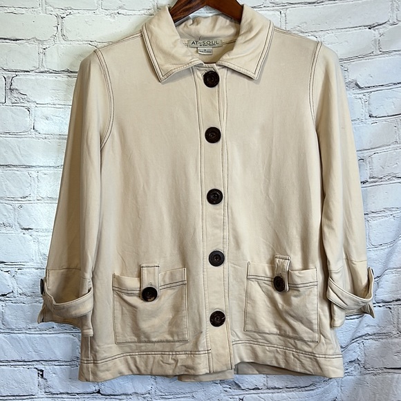 At Soul By Ann Trinity Khaki Large Brown Button Front Pocket Jacket Size Small - Picture 2 of 9